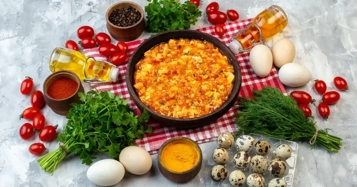Freshly baked egg and tomato casserole in a pan surrounded by cherry tomatoes, herbs, olive oil, spices, and quail eggs on a kitchen table.