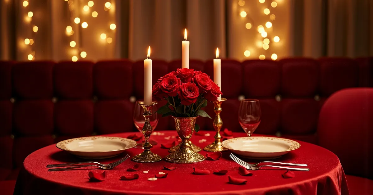 Romantic candlelight dinner setup with red roses, tall candles, elegant tableware, and a red tablecloth in a cozy restaurant setting.